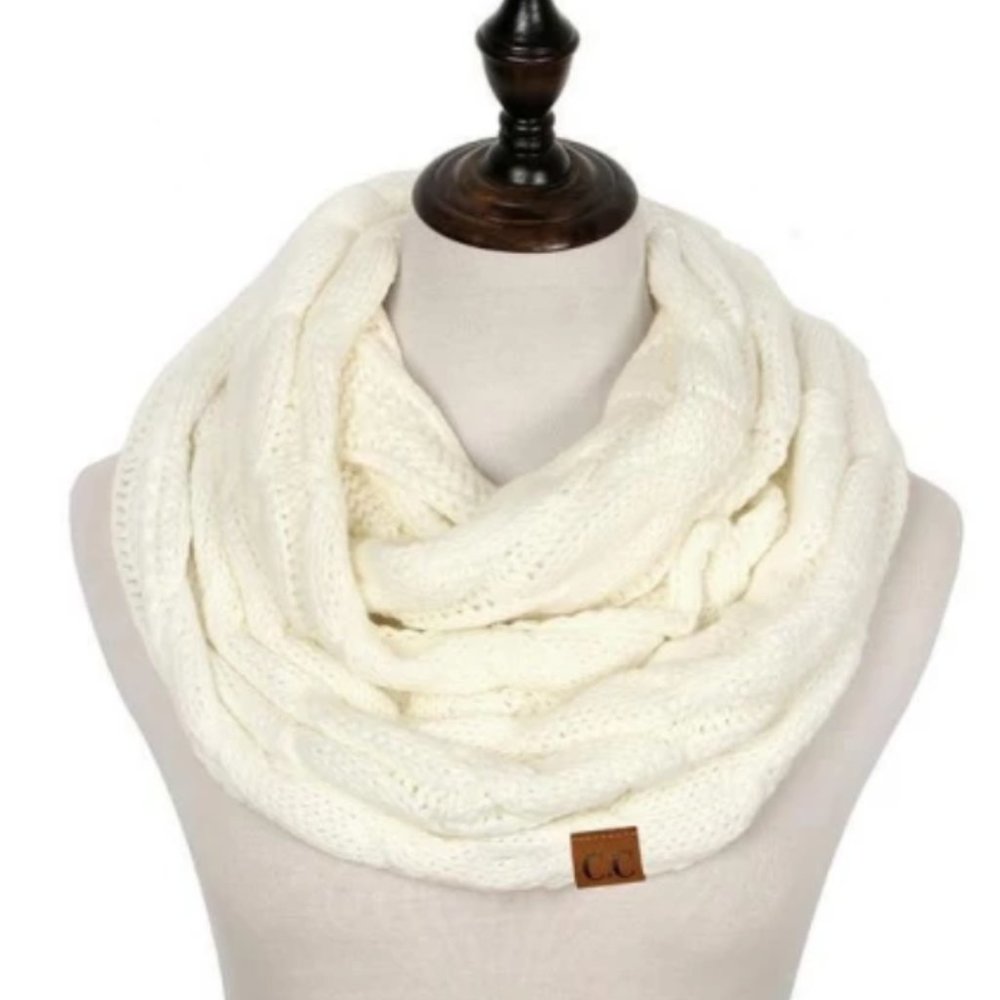 C.C. White Infinity Cable Knit Scarf